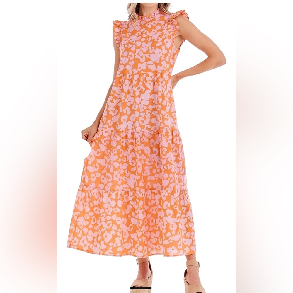 Mud Pie Pink/Orange Cotton Floral "Bridgers" Sleeveless Maxi Dress M